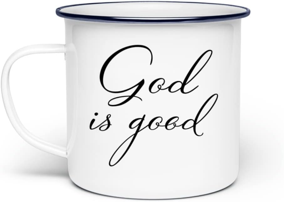 Weiße Emaille-Tasse mit God is good Schriftzug