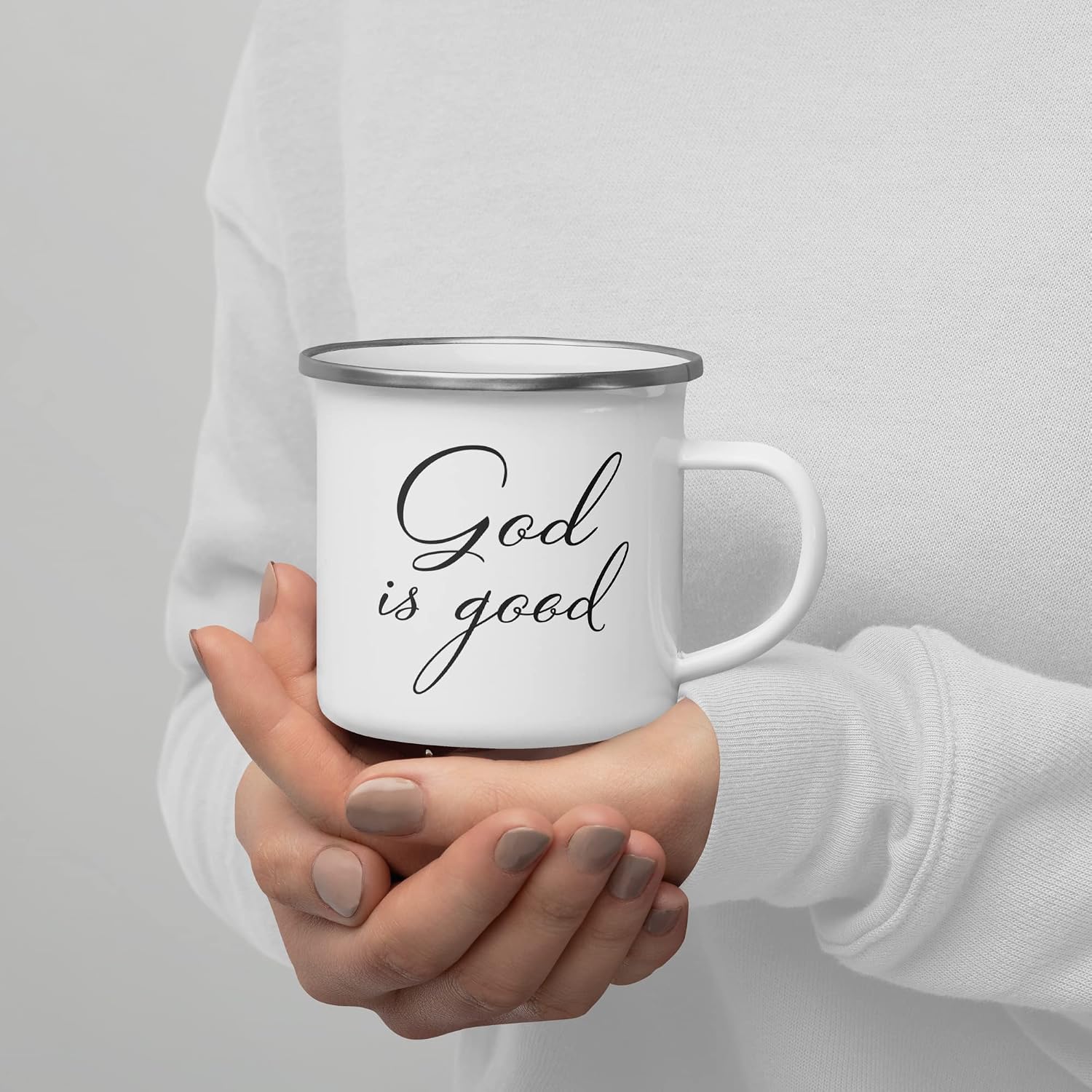 Detailbild der Gott ist gut Emaille-Tasse